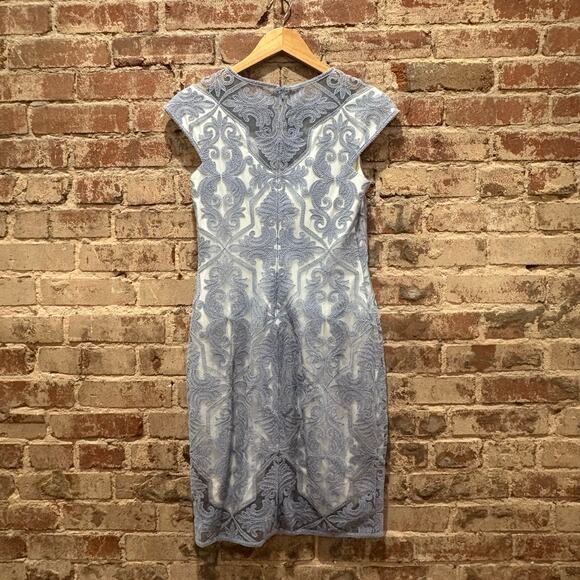 Tadashi Shoji Blue Stone Cotton Embroidered Tulle Cap Sleeve Dress Size 4 - Picture 7 of 9